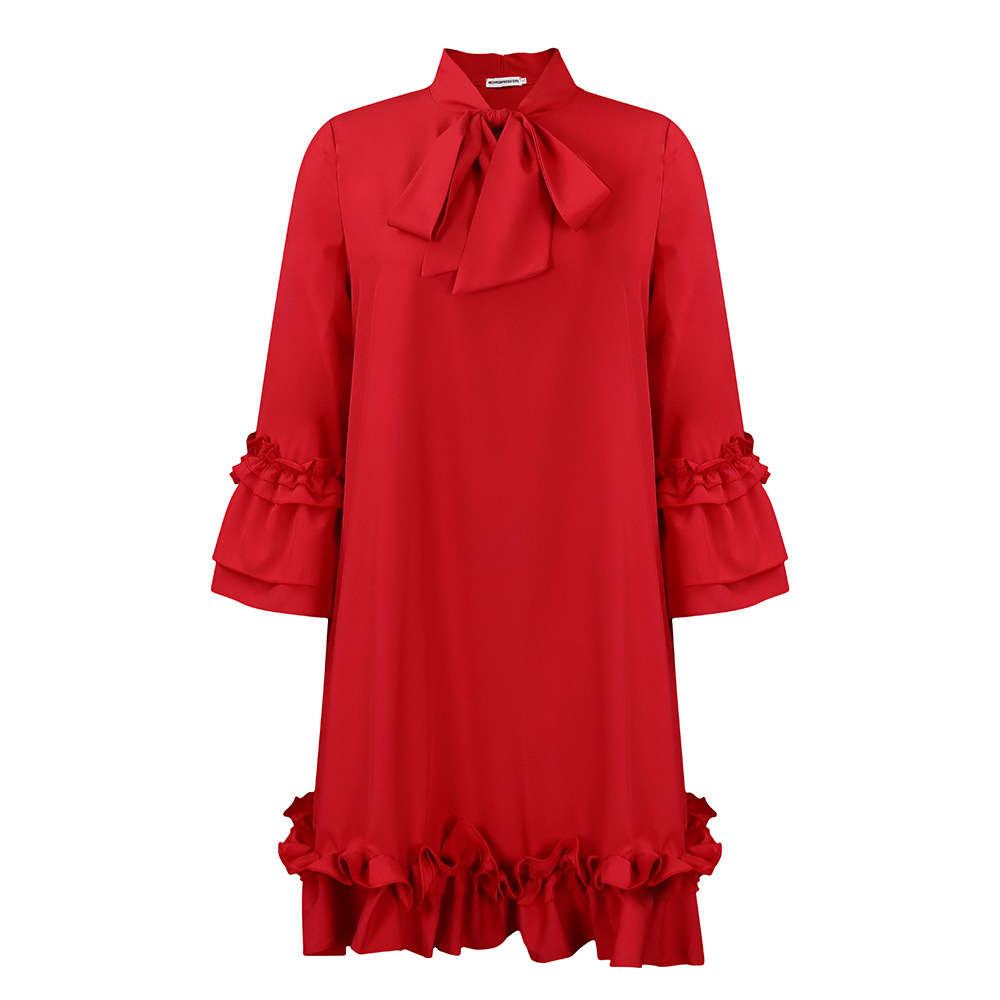Plus Size Casual Dress Ruffled Sleeve Tie Waist Solid Color Comfortable Everyday Wear Wholesale Available