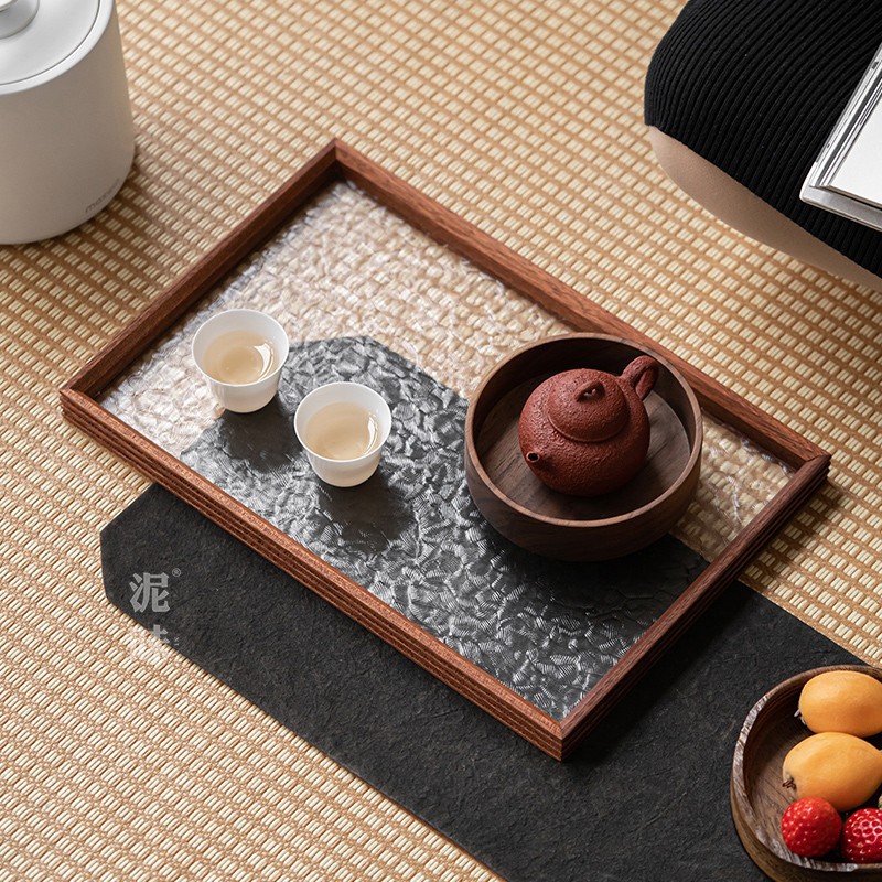 Japón retro mano de martillo de nuez negra bandeja de té de vidrio bandeja de infusión seca rectangular accesorios de ceremonia del té