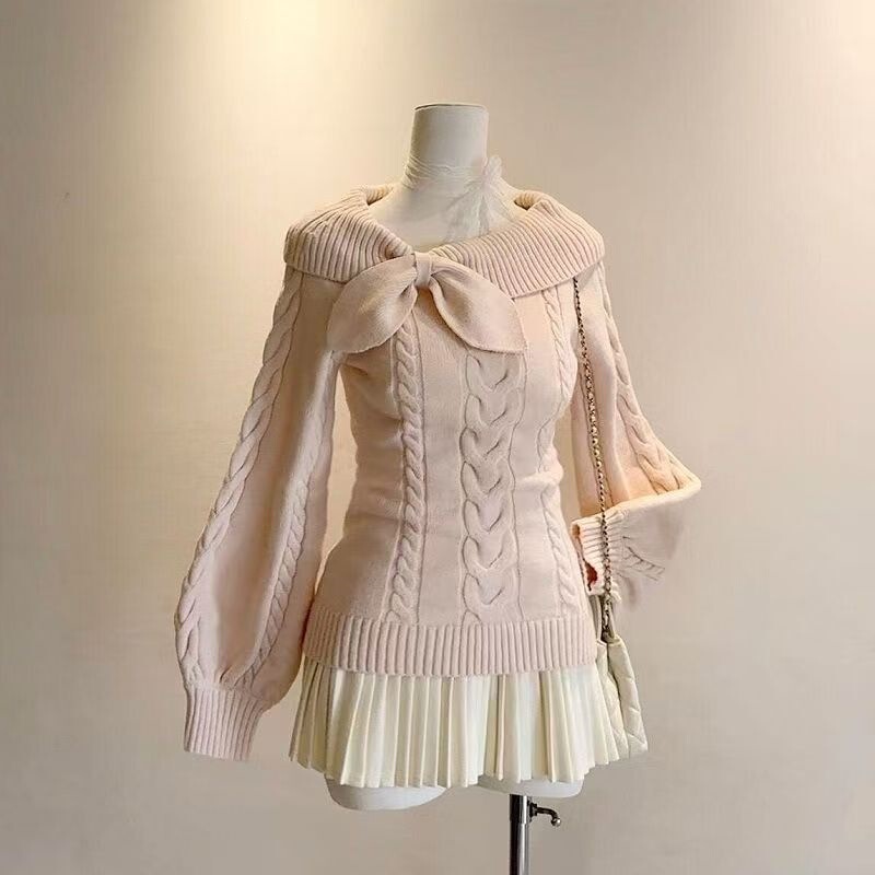 Plus-size autumn and winter pure-desire hot girl design waist-cinching long-sleeve knit top + high-waisted pleated short skirt two-piece set