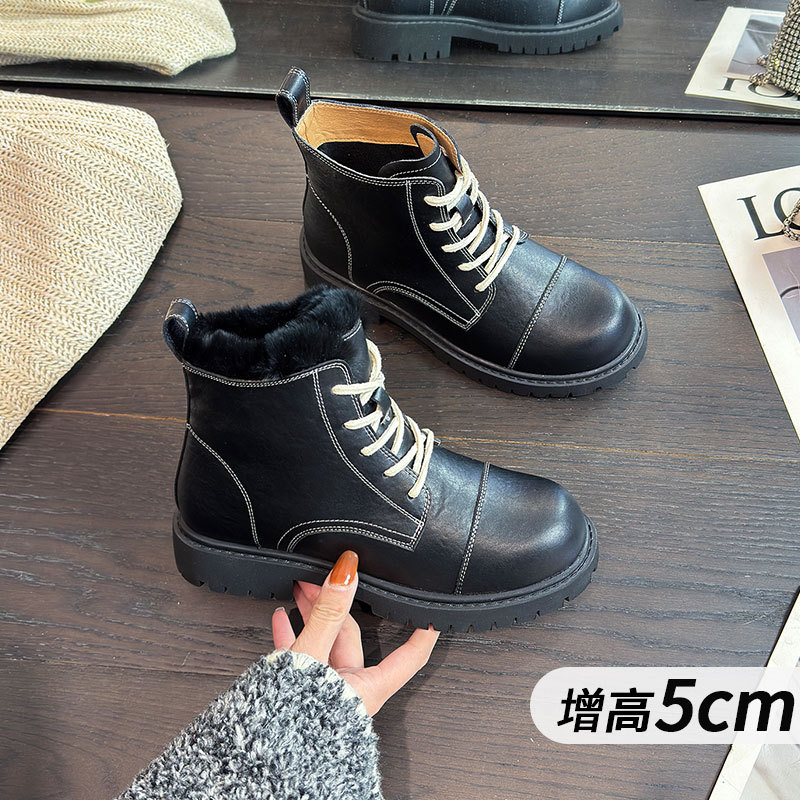 兔毛中筒马丁靴女2025秋冬新款英伦风复古骑士靴黑色加绒厚底短靴