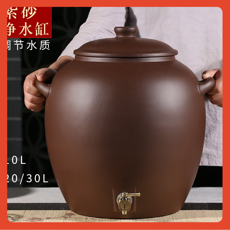 ☽新款纯紫砂水缸无釉储水罐带龙头大号净水缸陶瓷过滤抽水茶水