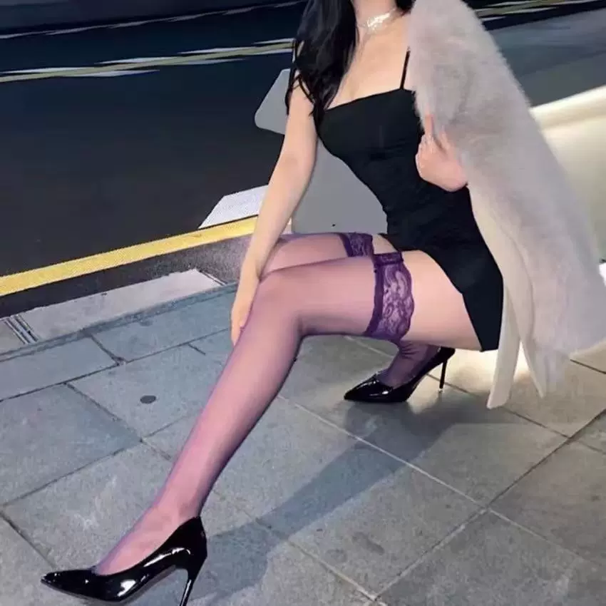 紫色蕾丝边过膝袜防滑长筒袜透视薄款性感袜ins纯欲风黑丝裤袜