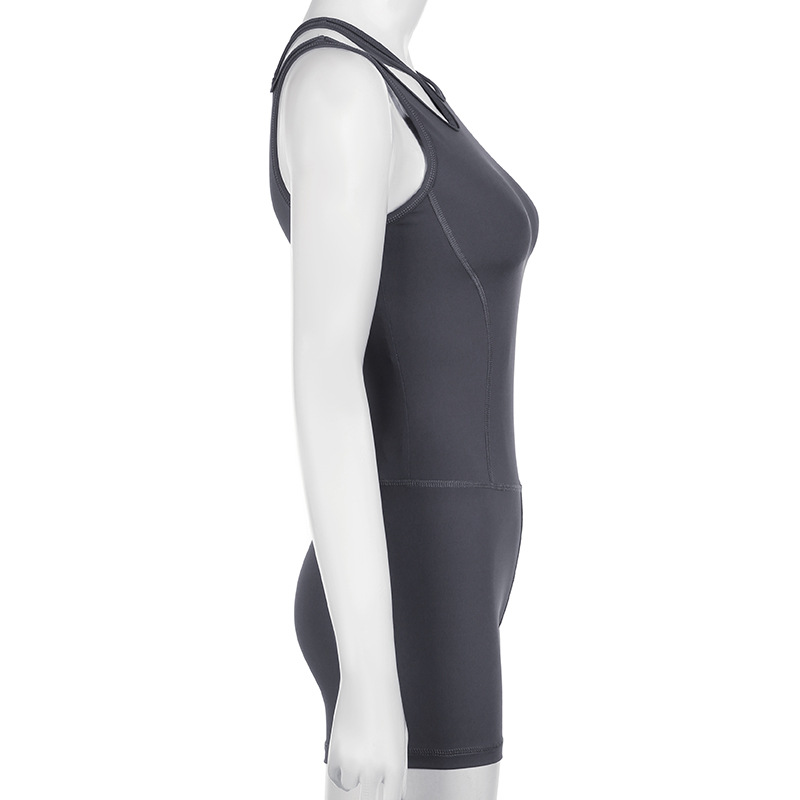 Casual Sports Asymmetric Shoulder Strap Hollow Out Cutout Solid Color Fitness Yoga Jumpsuit Shorts Women