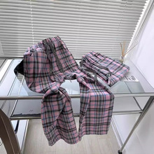 跨境新款粉色格子阔腿裤女夏季薄款直筒垂感拖地裤高腰休闲裤子潮