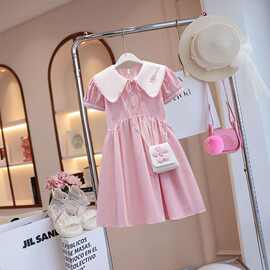 女童学院风连衣裙夏季薄款儿童洋气裙子2025新款娃娃领短袖公主裙