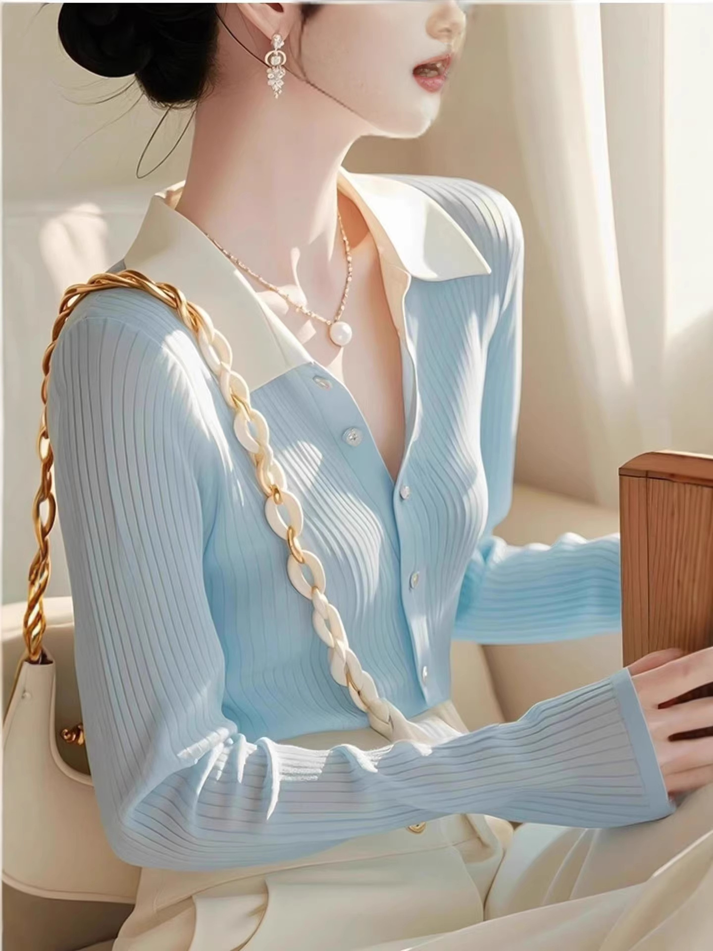 Áo len cardigan nữ tay dài phong cách Hàn Quốc thiết kế cổ chữ V — màu xanh nhạt