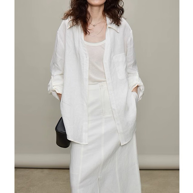 French White Linen Shirt Women's Summer Thin Loose Old Money Style Wear High-end Cotton Linen Shirt Sunscreen Top