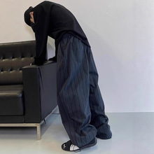 春秋季新款复古竖条纹弯刀休闲裤男士宽松可束脚可拖地阔腿长裤子