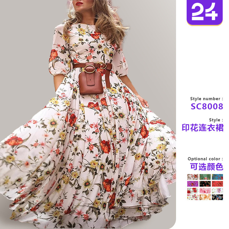 2027 Spring and Autumn European and American New Cross-Border Amazon Dress with Floral Print, Elegant Chiffon Floral Slim-Fit Long Dress 2027 Spring and Autumn European and American New Cross-Border Amazon Dress with Floral Print, Elegant Chiffon Floral Slim-Fit Long Dress
