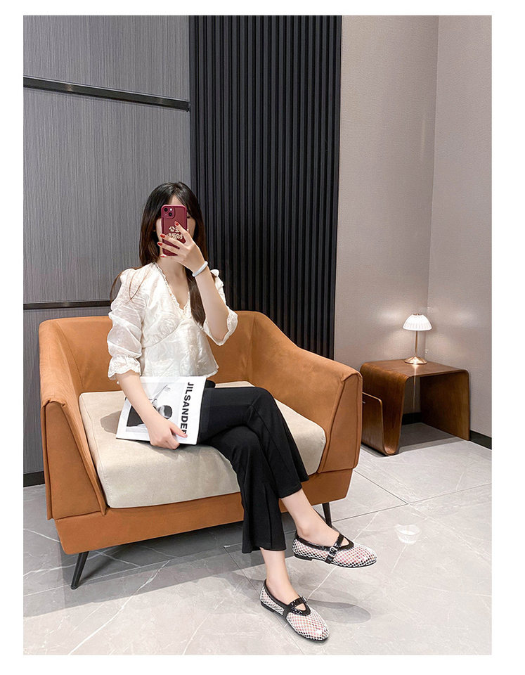 Xăng đan nữ đế bằng quai ngang một lớp, mũi tròn, lưới thoáng khí — Màu trắng, Màu đen chi tiết 32