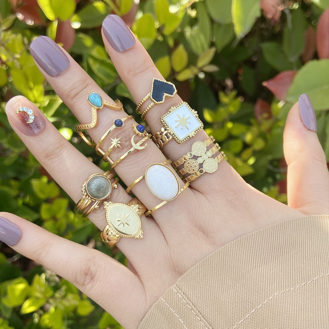 Retro Six-Pointed Star Turquoise Heart Stainless Steel Ring