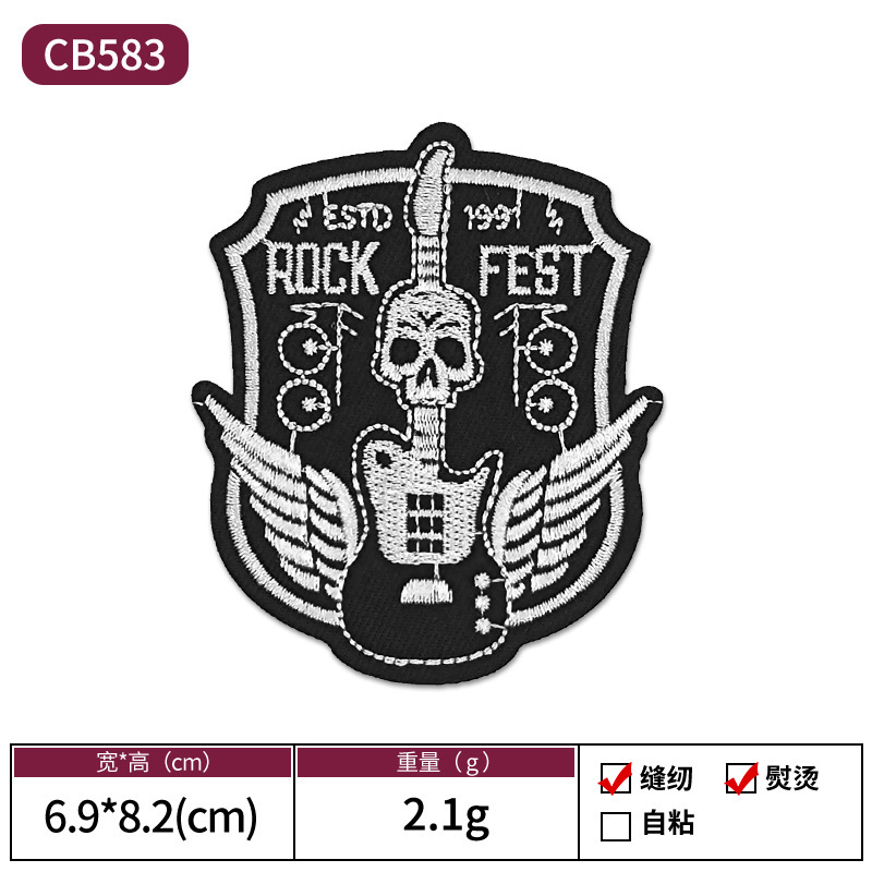 国境を越えた売れ筋白黒ロックパンクスタイル刺繍スカル布パッチ衣類装飾パッチパッチ|undefined