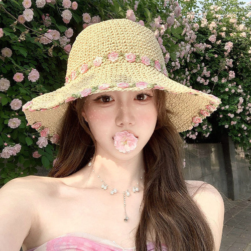 Straw-woven straw hat women's big brim summer beach vacation beach face small foldable sun protection hat