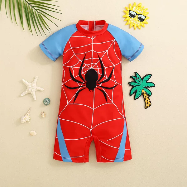 2025 Infant and Toddler Summer Men's Fashion Short-Sleeved Swimsuit Cute Spider Print Short-Sleeved Color Matching One-Piece Swimsuit
