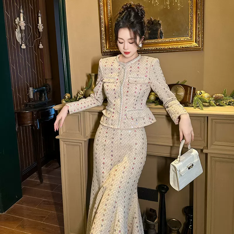 2025秋冬装新款女小香风气质外套上衣高腰鱼尾半身裙两件套50626