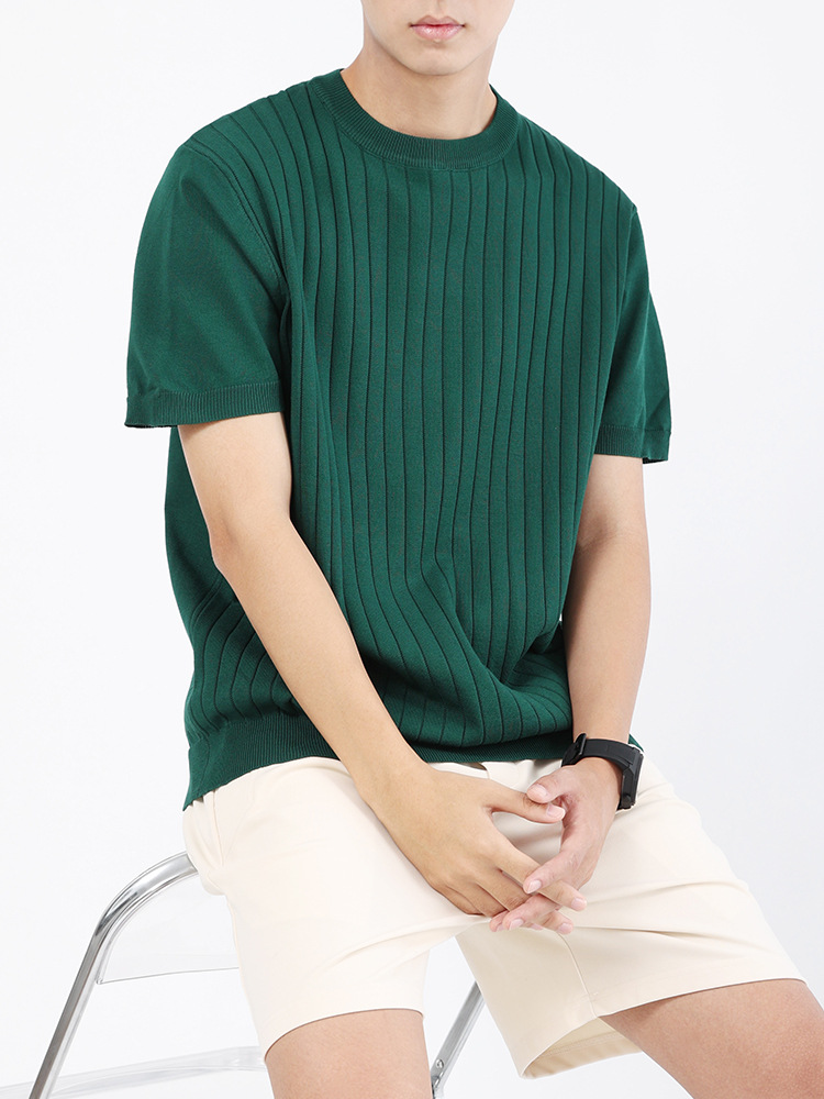 Camiseta de punto de secado rápido con canalé vertical de seda helada para hombre, camiseta de manga corta para hombre, camiseta informal, estilo casual ligero y maduro.