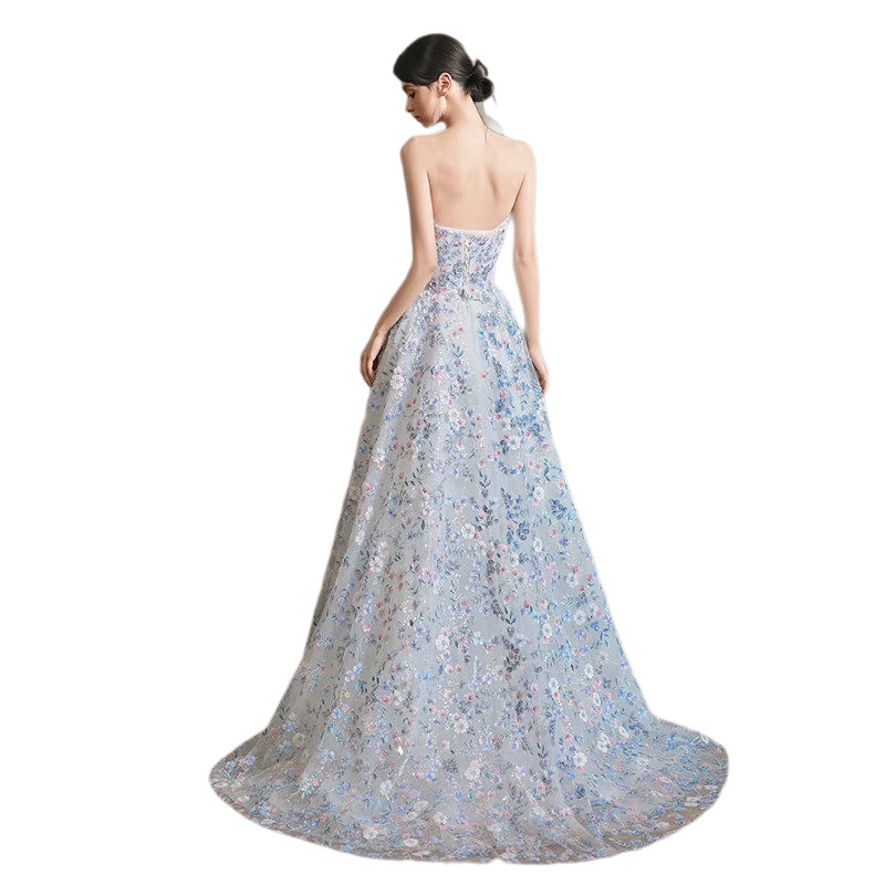 Đầm maxi nữ thêu hoa xanh cổ yếm dáng công chúa — Màu ảnh