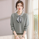 中老年女装时尚蝴蝶结翻领秋冬毛衣保暖一体绒针织衫休闲妈妈装，女装针织衫/毛衣，妃慕昵服饰