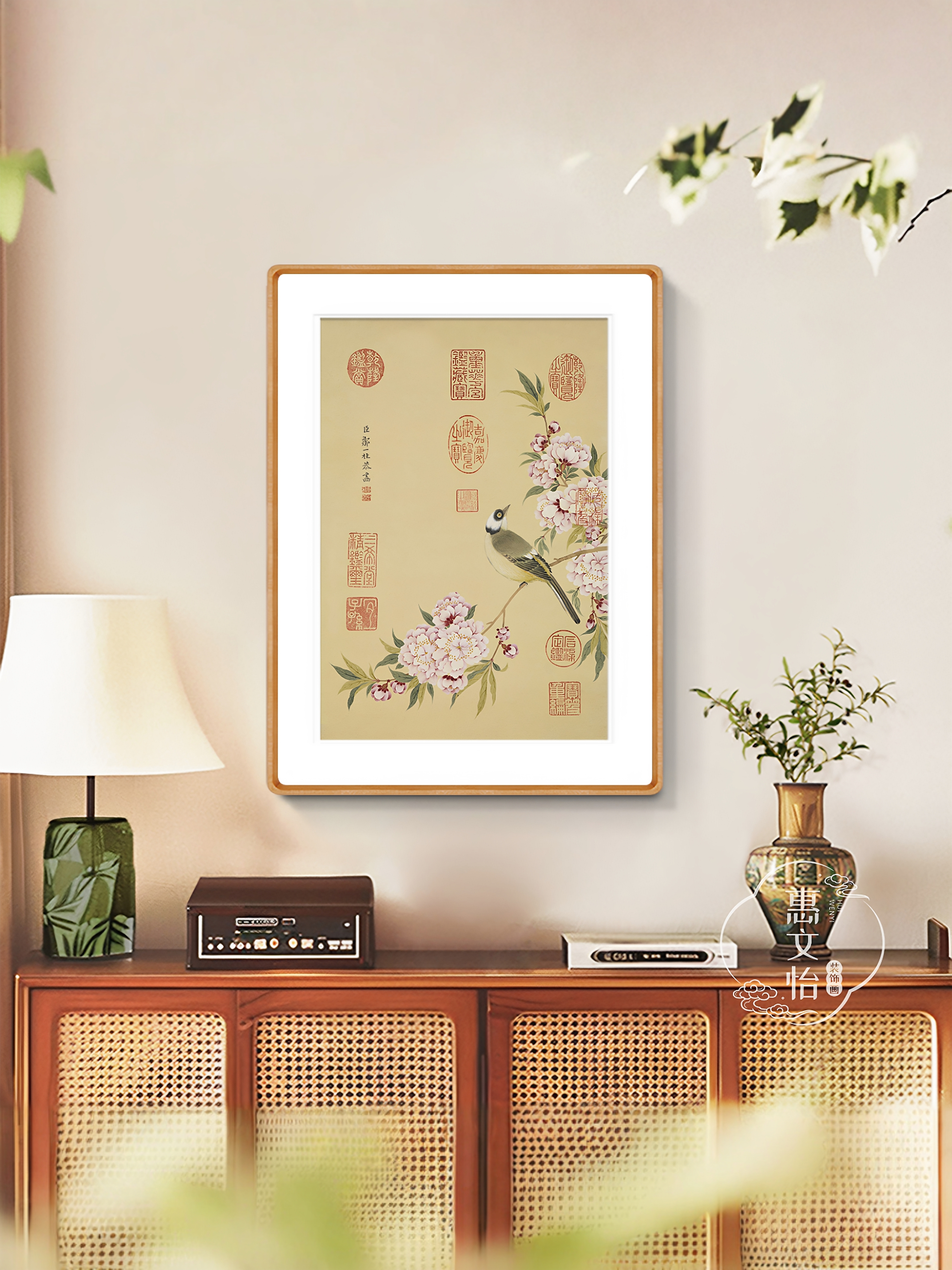邹一桂碧桃春鸟图新中式法式餐厅茶室玄关柜花鸟画挂画卧室装饰画