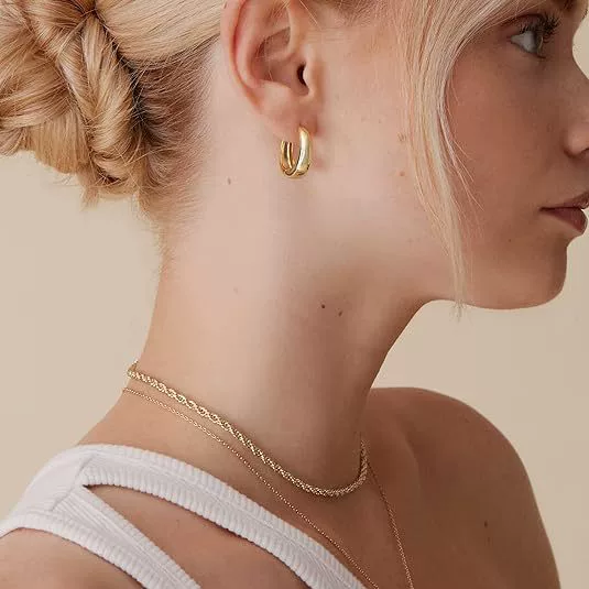 Glossy golden brass earrings, European style, 16 carat