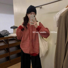 条纹连帽针织开衫女2025秋冬新款慵懒风韩版宽松百搭加厚毛衣外套