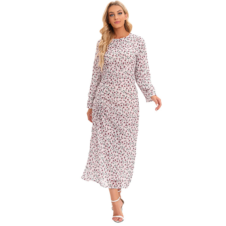 Floral Print Long Sleeve Maxi Dress Wrap Style with Drawstring Waist Chiffon Fabric for Women Size S to XXL_voghion.com