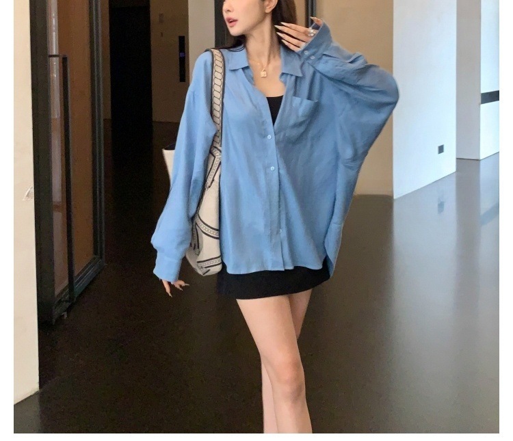 あち大も池の白い天糸亜麻の襟のシャツの女性の長袖の怠惰でゆったりとした通気性の日焼け止めの上着|undefined