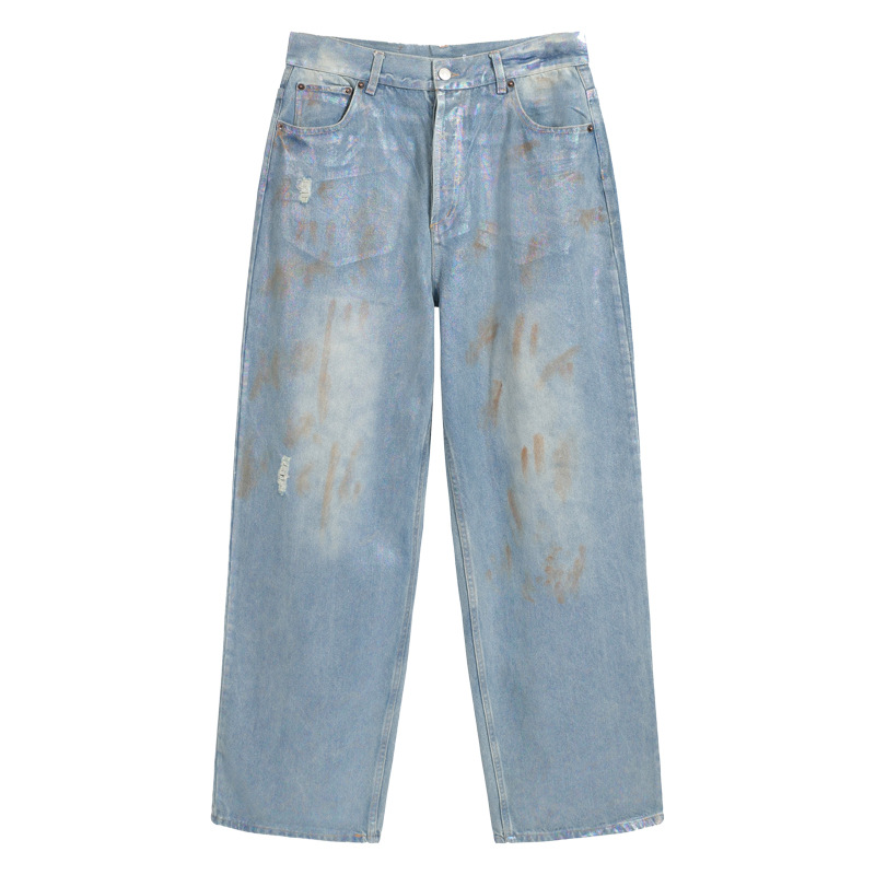 クロスボーダーのトレンディなAC手描きのスプラッシュインクのほつれ加工のウォッシュ加工のダメージ加工のパンツ、男性と女性用、ゆったりと多用途、軽くて豪華なワイドレッグジーンズ