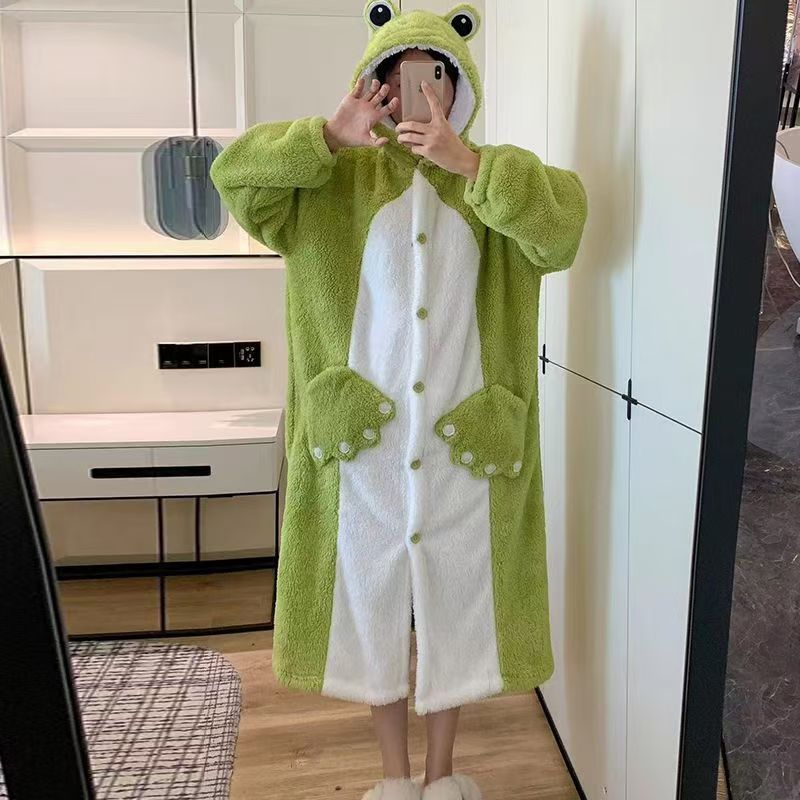 艾莎の王女のパジャマの女性の冬のサンゴのベルベットは厚い保温のフランネルの中の長いタイプの帽子の冬の寝衣をプラスします。|undefined