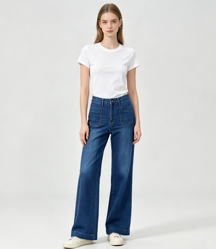 Jeans de Mujer de Pierna Ancha de Mezclilla de Algodón, Cintura Alta, Alta Elasticidad, para Uso Casual