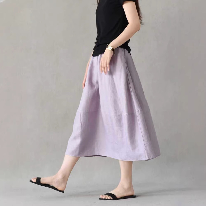 2026 New Elegant French-Style Outfit in Soft Purple, Elastic Waist Floral Skirt, Full Linen Silhouette, A-Line Skirt