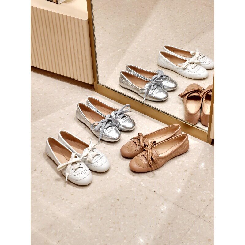 Giày búp bê nữ da cừu cổ thấp đế bằng buộc dây phong cách retro — Bạc, hàng có sẵn, Màu nude, hàng có sẵn, Màu trắng kem, hàng có sẵn