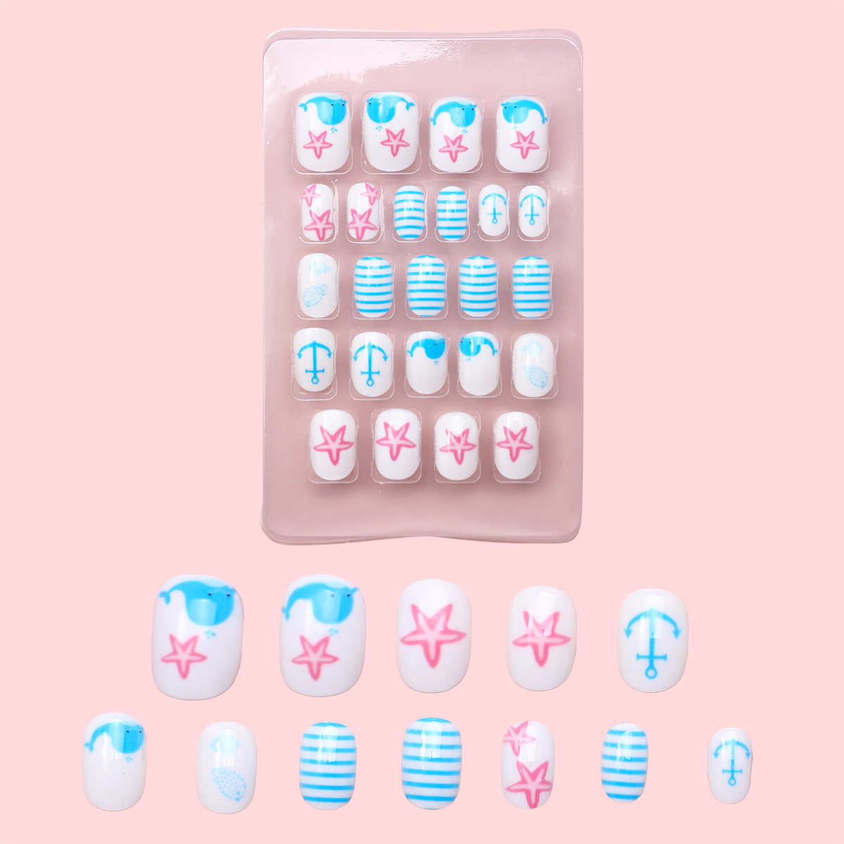 Juego de 24 piezas de uñas postizas para niños con diseño de dibujos animados, desmontables con adhesivo y exquisito diseño.