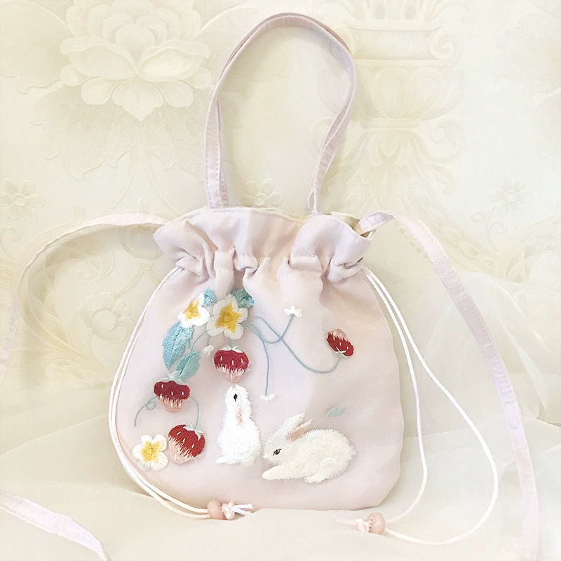 Handheld Hanfu Drawstring Bag, Embroidered Tassels, 22×22 cm, Handmade Accessory