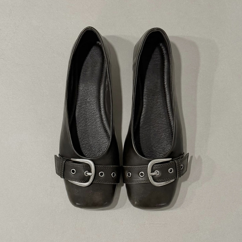 Korean Niche New Product Square-Toe Retro Metal Buckle Strap Shallow-Mouth Single Shoes for Women Slip-On Ballet Shoes Women's Flat Shoes