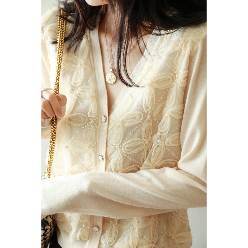 New Homemade Heavy Industry Stereo Mesh Plate Flower Sequin Wool Blended Knitted Cardigan Top Women's Pearl Accessories