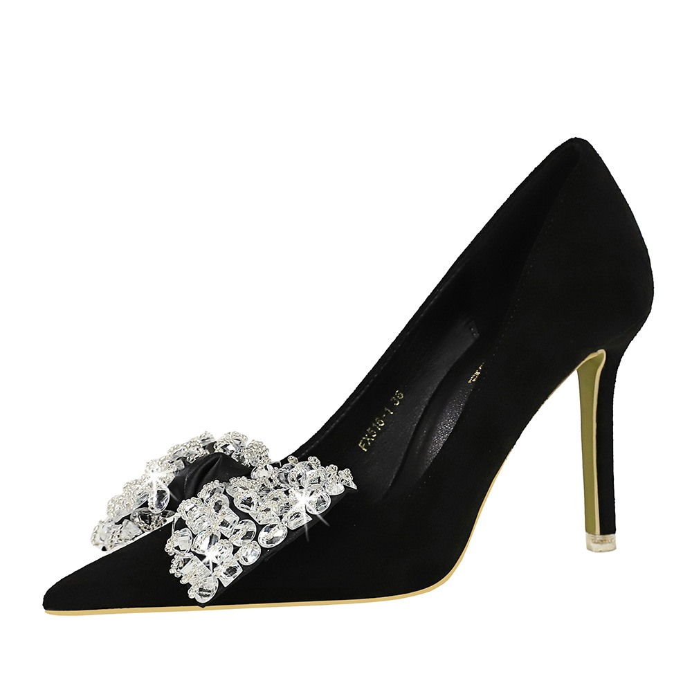 516-H9 Korea Style Fashio Party High Heels Stiletto Suede Shallow Poited Toe Rhiestoe Bowkot Sigle Shoes For_vogvips.com