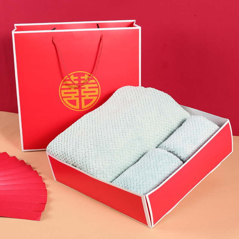 Boda boda Toalla de baño toalla caja de regalo piña Plaid rojo toalla festiva boda retorno regalo caja