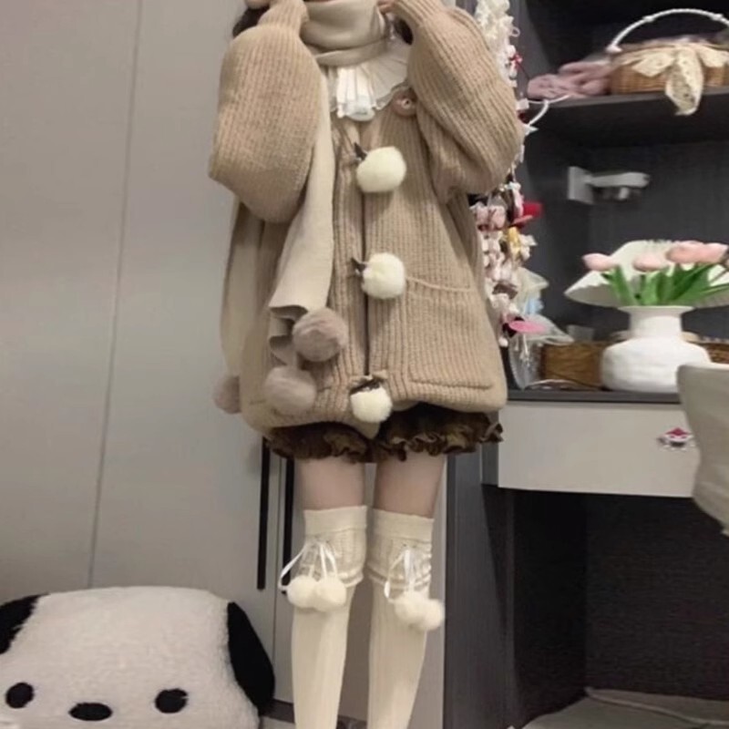 小个子女装卡其毛衣针织开衫半身裙百褶裙学院温柔秋冬季两件套装|undefined