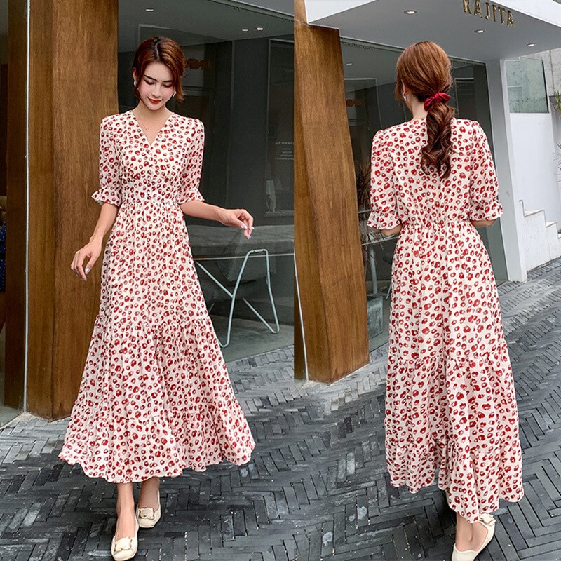 Spring, Summer and Autumn 2025 New Product Trumpet Short-Sleeved Chiffon Polka Dot Floral High-Waist Slim Long Skirt Dress Long Style for Women
