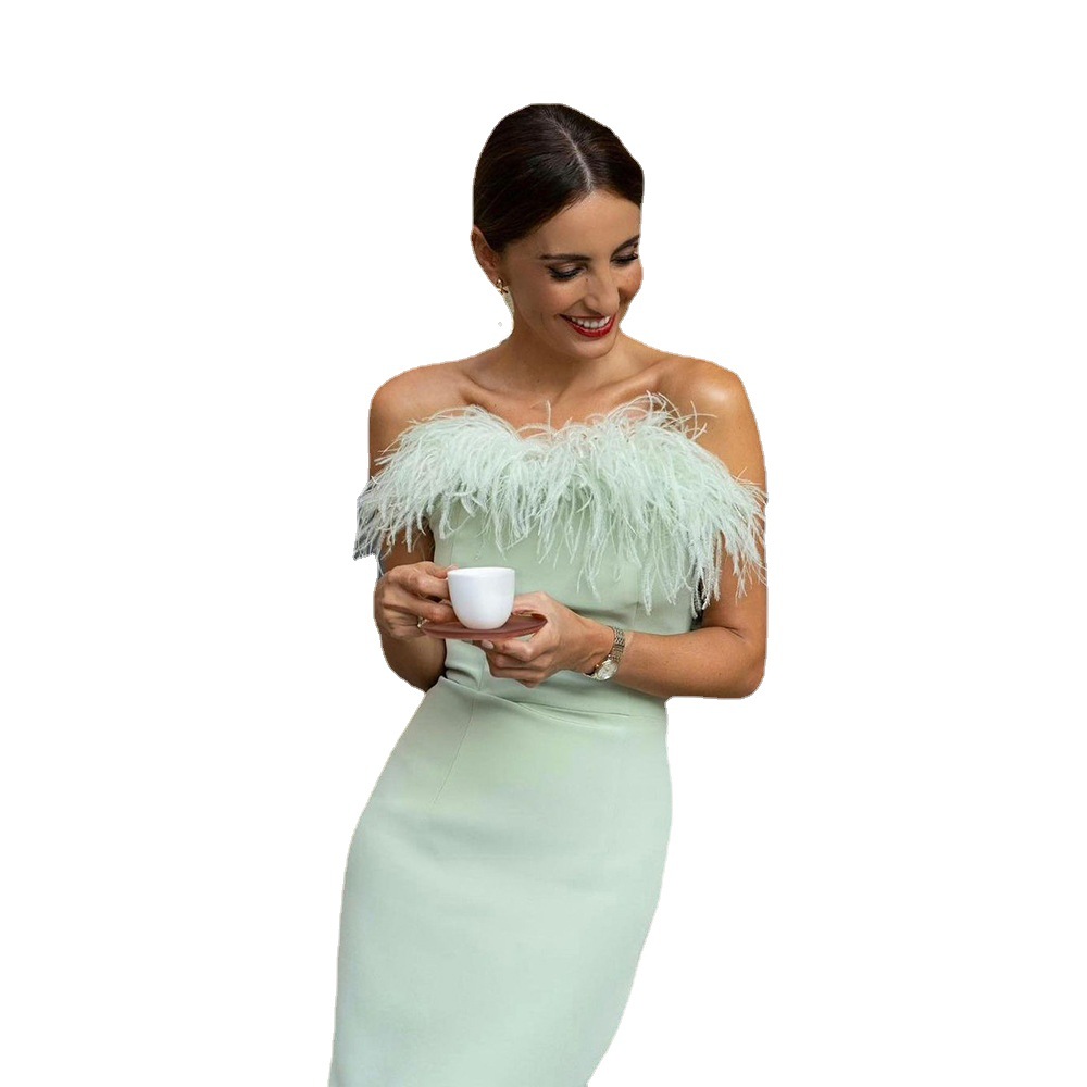 Vestido de Noche Elegante con Plumas, Estilo Europeo y Americano, Nuevo para Primavera-Verano 2025, Vestido Largo de Fiesta para Mujer