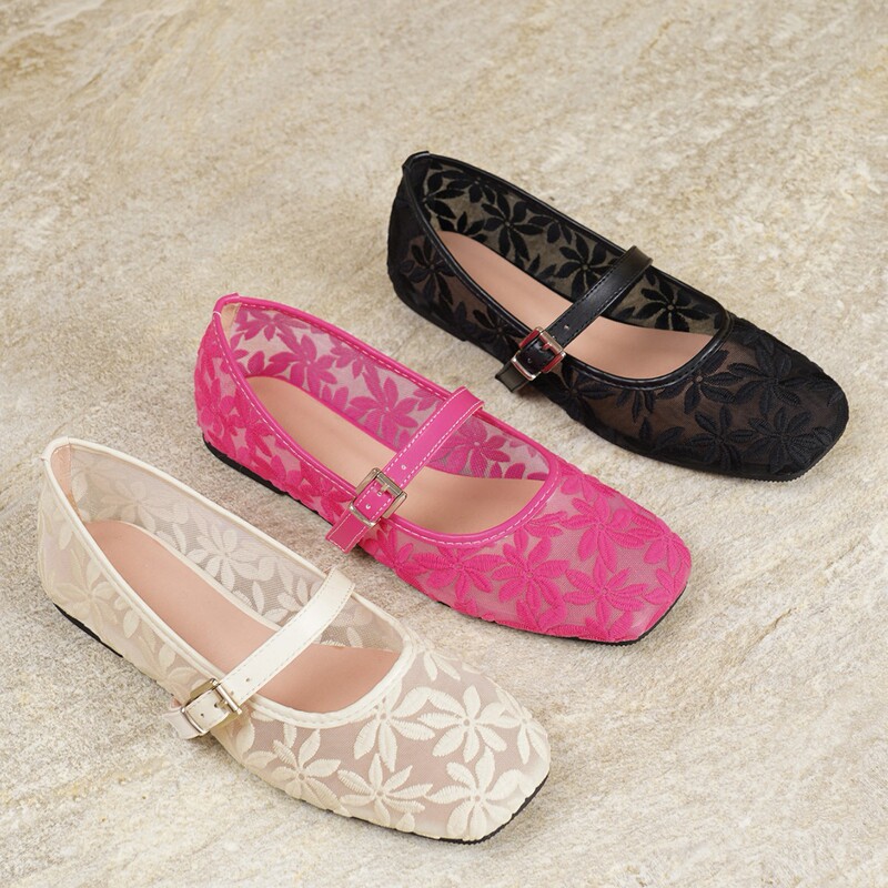 Foreign Trade Cross-Border Amazon Spot 2025 Summer New Flower Embroidered Mesh Ballet Flats Square Toe Shallow Foreign Trade Cross-Border Amazon Spot 2025 Summer New Flower Embroidered Mesh Ballet Flats Square Toe Shallow