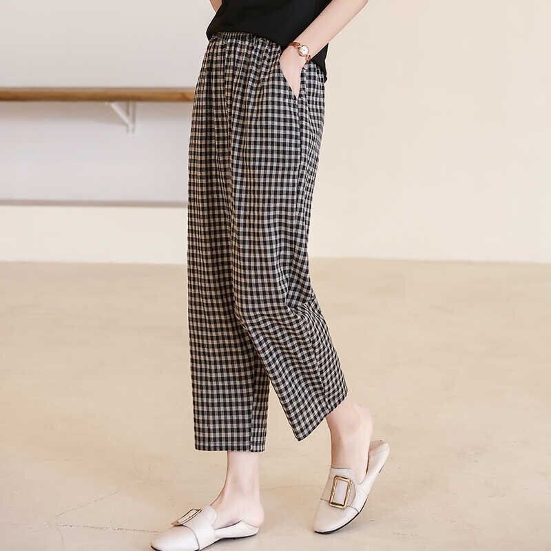 Summer Korean Style New Black and White Plaid Casual Pants High Waist Loose Large Size Cotton and Linen 9-Point Straight Harem Pants Trendy