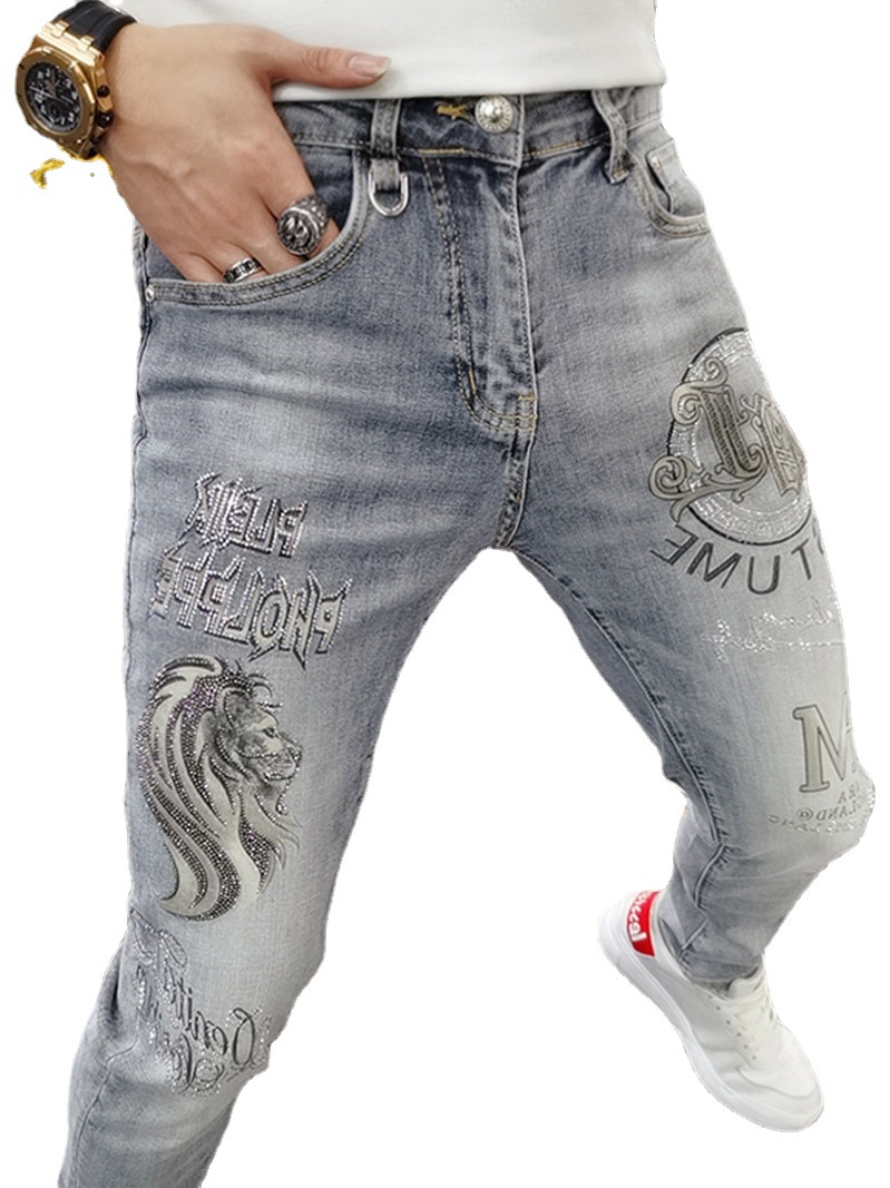 2023 Spring/Summer Jeans Men's Heavy Industry Hot Diamond Printing Fashion Brand Handsome Casual Slim Fit Small Foot_voghion.com