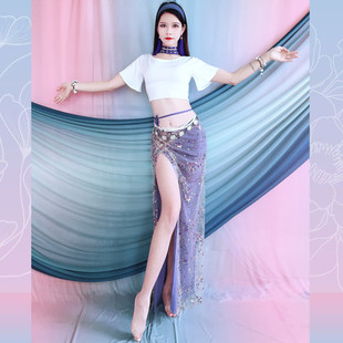 Belly Dance Performance Clothes 2025 New Lotus Leaf Sleeve Top Gradient Star Bead Embroidered Hip Scarf Suit Practice Group Uniform