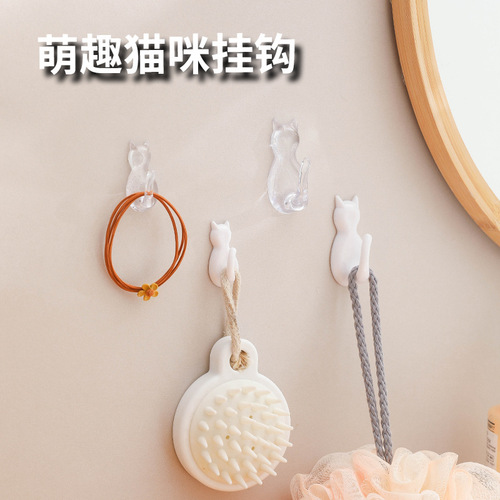 Japanese cartoon cat hook kitchen strong transparent cute cat sticky hook wall door coat and hat hanging hook without trace