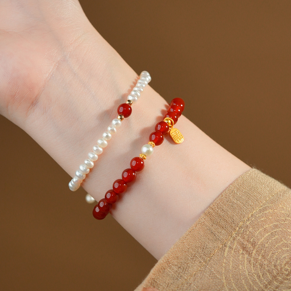 納福珍珠手鍊女ins輕奢小眾2024新款本命年仿瑪瑙手串女新年禮物