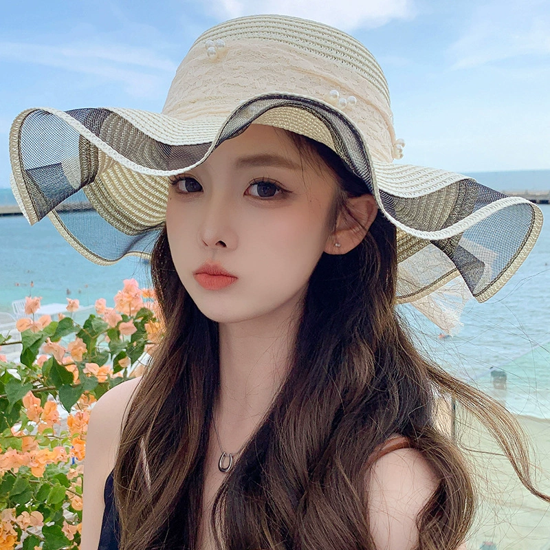 Wavy fresh cute big sun hat solar-powered with bow, wholesale