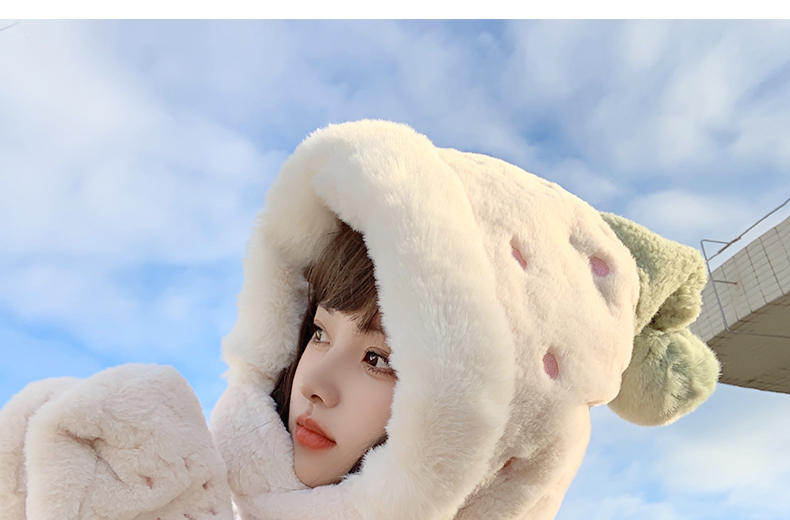 Cappello di Natale per bambini, dolce e carino, sciarpa e guanto di peluche alla fragola, in un unico pezzo, peluche invernale, addensamento caldo tre_voghion.com