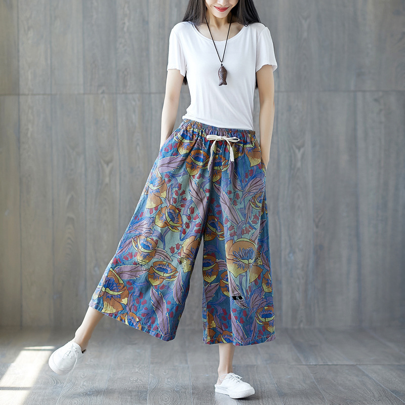 2025 Summer New Elastic Waist Wide Leg Pants Skirt Printed Large Size Nine-Point Ripped Ethnic Style Jeans Wandering Notes